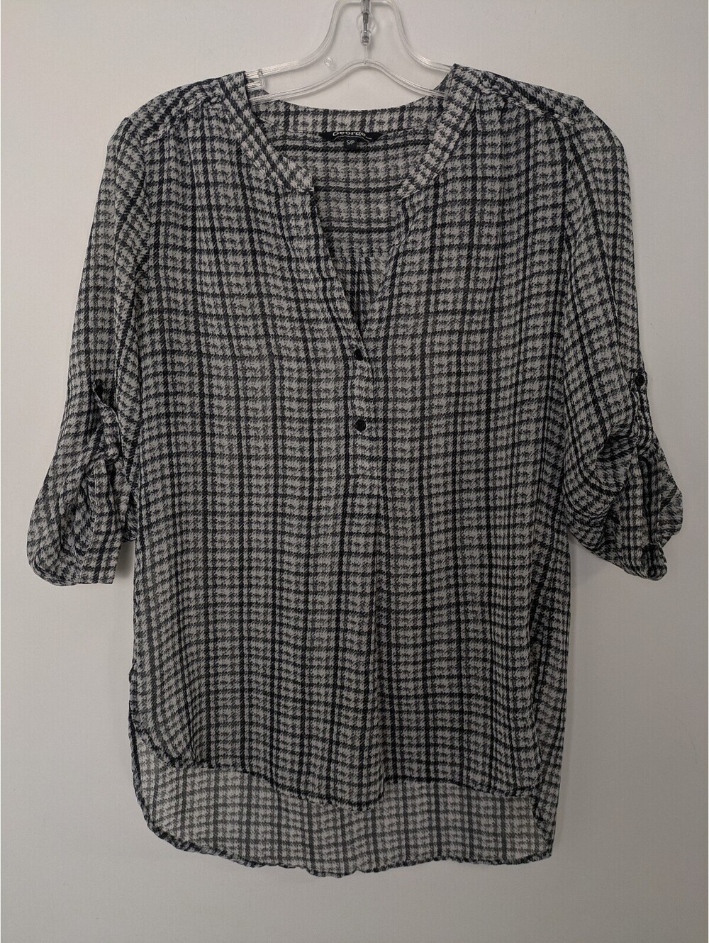 George Black White Plaid Roll Tab Sleeve Henley Blouse Tunic Top Small S